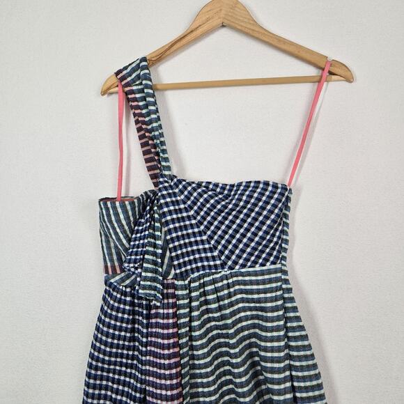 Anthro Maeve Waverly Midi Plaid One Shoulder Dress sz 2 Blue Multi Hanky Hem - Picture 8 of 15